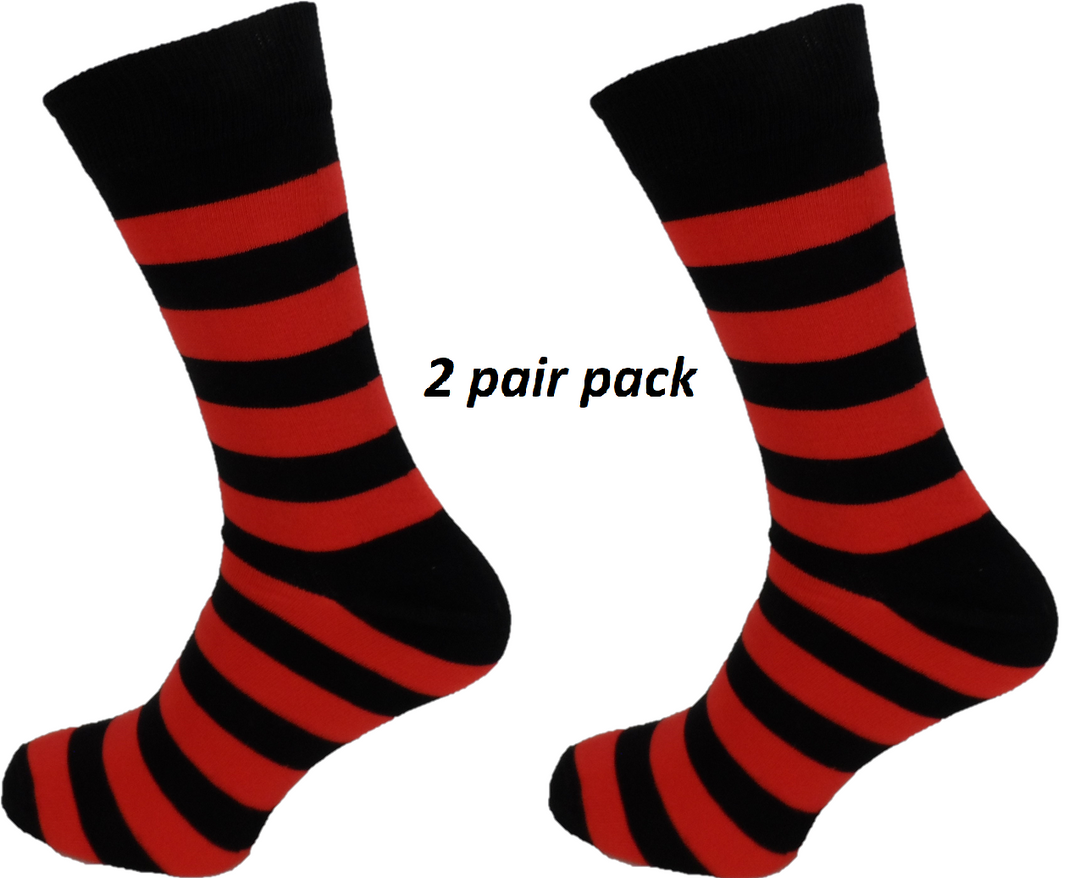 Men's 2-Pair Pack Of Black & Red Striped Retro Socks - Ankle Length, Cotton Blend