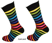 Mens 2 Pair Pack Black Rainbow Multi Striped Retro Socks