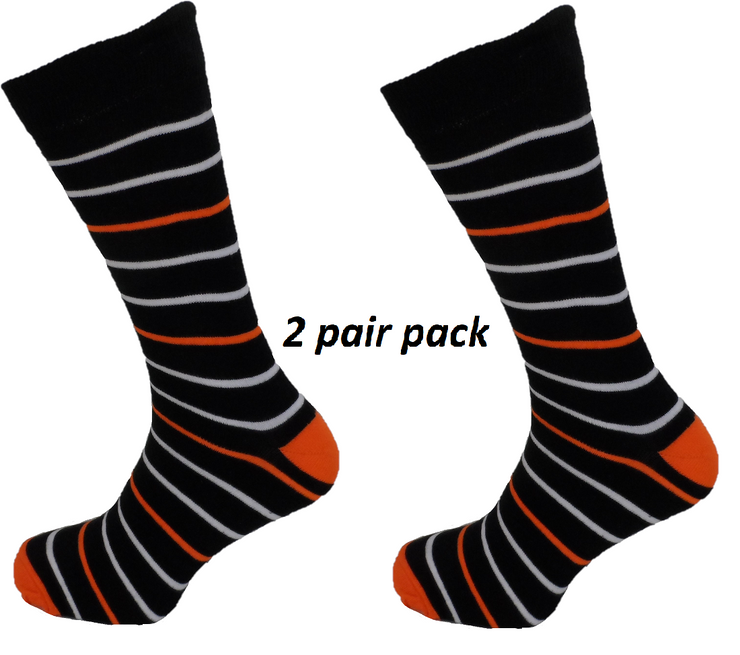 Mens 2 Pair Pack Black Orange and White Striped Retro Socks